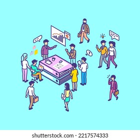 Workflow process. Business office people planning work, morning debates and talk about results. Isometric vector man woman argue, go to job and talk phone