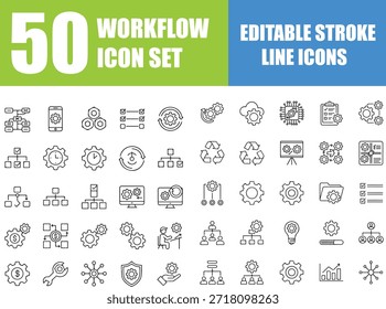 Conjunto de iconos de flujo de trabajo y línea de flujo de proceso, Ilustración vectorial de trazo editable de redes, esquema, línea de tiempo, método, engranaje, administración, planificación, diagrama, diagrama de flujo, óvalo, rectángulo, diamante y símbolos de flecha