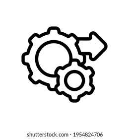 Procesos de flujo de trabajo, engranajes y flechas, automatiza la operación comercial. Icono negro sobre fondo blanco