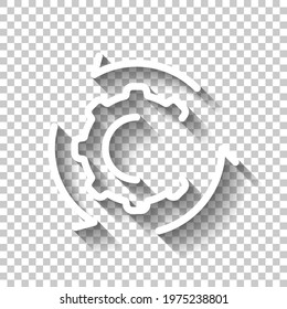 Workflow process, gear and arrows, automate business operation. White linear icon with editable stroke and shadow on transparent background