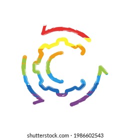 Workflow process, gear and arrows, automate business operation. Drawing sign with LGBT style, seven colors of rainbow (red, orange, yellow, green, blue, indigo, violet