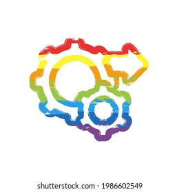 Workflow process, gear and arrows, automate business operation. Drawing sign with LGBT style, seven colors of rainbow (red, orange, yellow, green, blue, indigo, violet