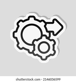 Workflow process, gear and arrows, automate business operation. Linear sticker, white border and simple shadow on gray background