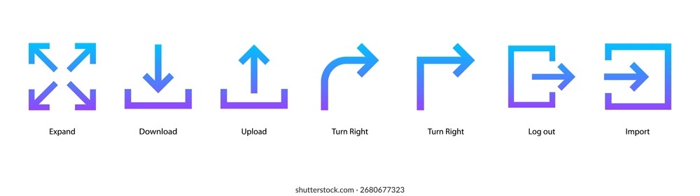 Ilustración vectorial de iconos de Anuncio de Web de procesos de trabajo con Expandir, Descarga, Cargar, girar a la derecha, girar a la derecha, Cerrar sesión e importar.
