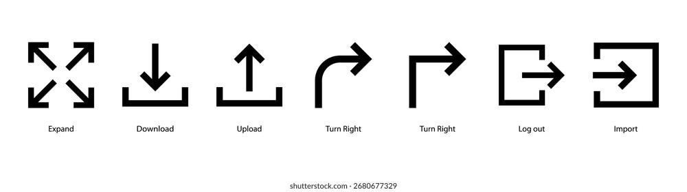 Workflow Process web banner icon vector illustration featuring Expand, Download, Upload, Turn Right, Turn Right, Log out, and Import.