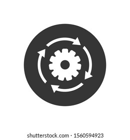 Workflow process white icon in flat style. Gear cog wheel with arrows vector illustration on gray isolated background. Workflow business concept