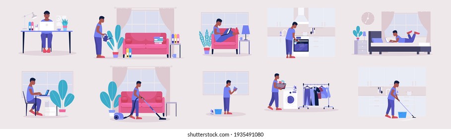 Workflow, quarantine and Housekeeping set. Young man works at home with a laptop, cleaning the apartment. Freelancer. Vector set in a flat style