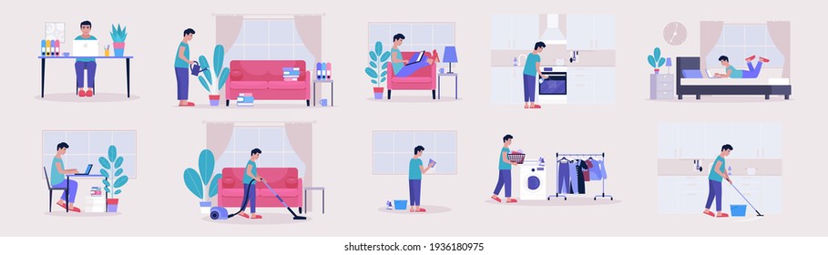 Workflow, quarantine and Housekeeping set. Young man works at home with a laptop, cleaning the apartment. Freelancer. Vector set in a flat style