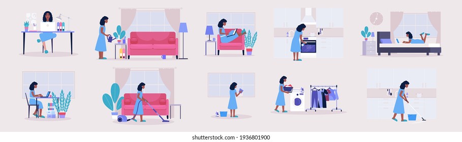 Workflow, quarantine and Housekeeping set. Young woman works at home with a laptop, cleaning the apartment. Freelancer. Vector set in a flat style