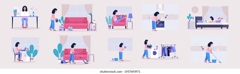 Workflow, quarantine and Housekeeping set. Young woman works at home with a laptop, cleaning the apartment. Freelancer. Vector set in a flat style