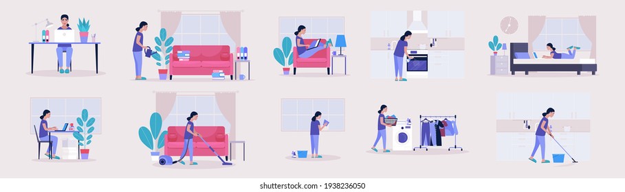 Workflow, quarantine and Housekeeping set. Young woman works at home with a laptop, cleaning the apartment. Freelancer. Vector set in a flat style