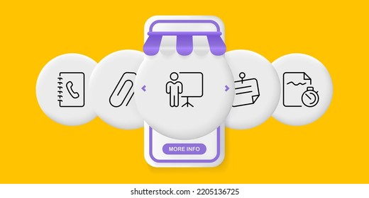 Workflow set icon. Contact book, clip, staple, employee with flipchart, document, reminder, stopwatch, working infographics. Business concept. UI phone app screens. Vector line icon for Advertising.