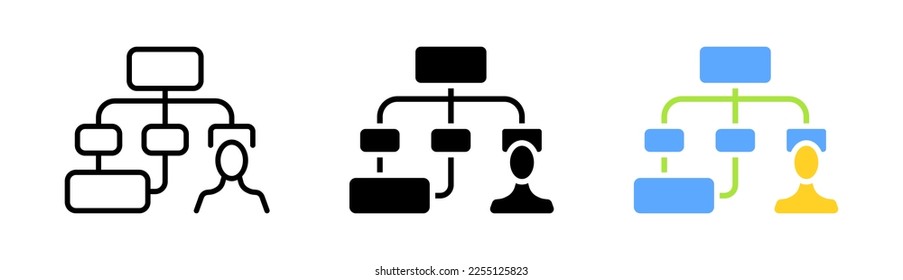 Workflow set icon. Employee, exchange information, laptop, communication, speech bubble, chart, graph, infographics. Vector icon in line, black and colorful style on white background