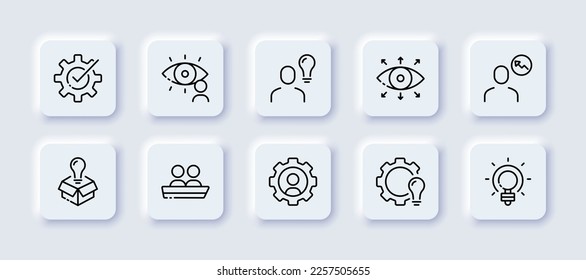 Workflow set icon. Mood, business, career, heart, behavior, energy, gear, idea, eye, brain boost, sight, aim, art. Illumination concept. Neomorphism style. Vector line icon