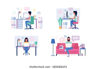 Workflow set. People with laptops and computers. Communication in social networks, mail, online meeting, video call. Vector illustration in a flat style
