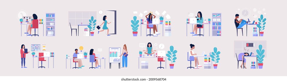 Conjunto de flujos de trabajo. Descarga profesional, sobrecarga de información, dilación, reunión de oficina, fin de la jornada laboral, descanso laboral. Ilustración vectorial en un estilo plano