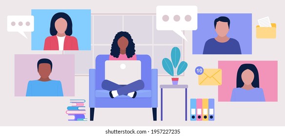 Workflow set. Young character works at home with a laptop. Freelancer. Communication in social networks, mail, online meeting, video call. Vector illustration in a flat style