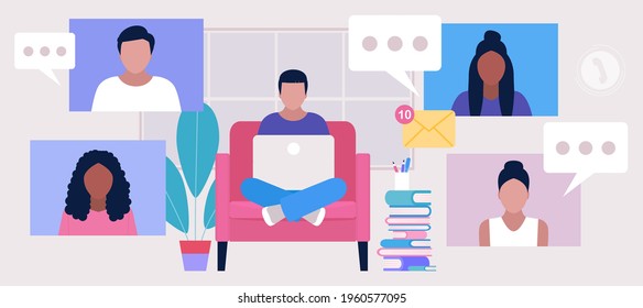 Workflow set. Young character works at home with a laptop. Freelancer. Communication in social networks, mail, online meeting, video call. Vector illustration in a flat style
