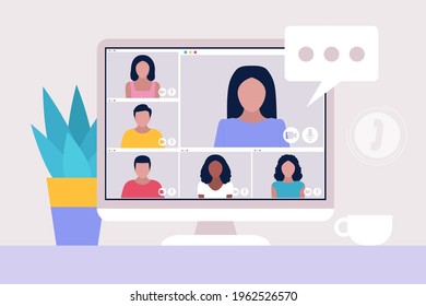 Workflow set. Young character works at home with a laptop. Freelancer. Communication in social networks, mail, online meeting, video call. Vector illustration in a flat style