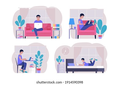 Workflow set. Young man works at home with a laptop. Freelancer. Communication in social networks, mail, online meeting, video call. Vector illustration in a flat style