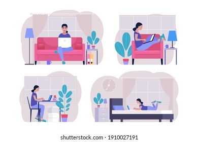 Workflow set. Young woman works at home with a laptop. Freelancer. Communication in social networks, mail, online meeting, video call. Vector illustration in a flat style