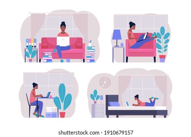 Workflow set. Young woman works at home with a laptop. Freelancer. Communication in social networks, mail, online meeting, video call. Vector illustration in a flat style