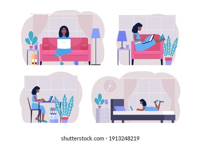 Workflow set. Young woman works at home with a laptop. Freelancer. Communication in social networks, mail, online meeting, video call. Vector illustration in a flat style