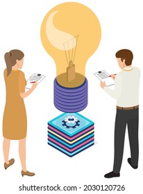 Workflow, teamwork on project and new idea development. Employees near invention light bulb as symbol of new project. People discussing creative idea, planning startup. Creation of business plan