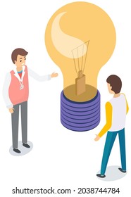 Workflow, teamwork on project and new idea development. Employees near invention light bulb as symbol of new project. People discussing creative idea, planning startup. Creation of business plan