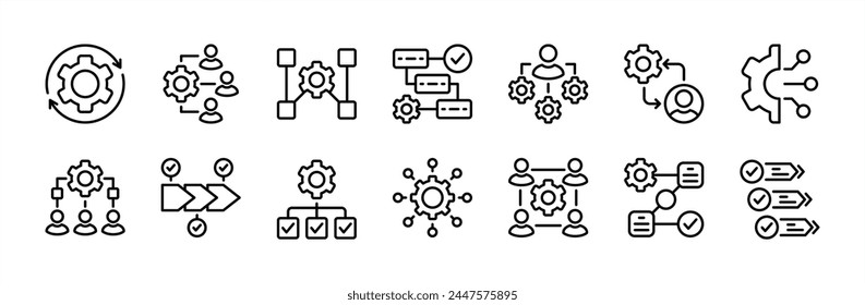 Workflow-Symbol für dünne Linien festgelegt. Enthält Hierarchie, Mechanismus, Manager, Zusammenarbeit, Organisation, Aktivität, Vorgang, Verfahren, Planung, Prozess, Systempfeil, Produktivität, Fortschritt, Strategie