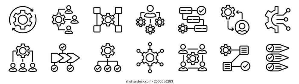 Workflow thin line icon set. Containing hierarchy, mechanism, manager, collaboration, organization, activity, operation, procedure, planning, process, system arrow, productivity, progress, strategy.
