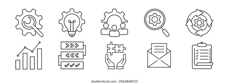 Workflow thin line icon set. Containing hierarchy, mechanism, manager, collaboration, activity, operation, procedure, planning, process, system arrow, productivity, progress, strategy