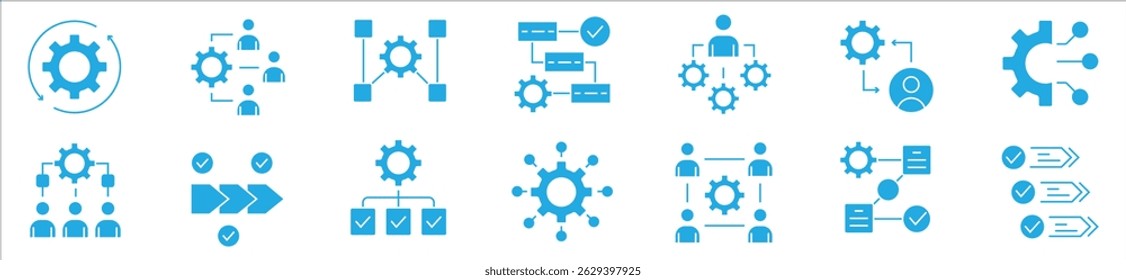Workflow thin line icon set. Containing hierarchy, mechanism, manager, collaboration, organisation, activity, operation, procedure, planning, process, system arrow, productivity, progress, strategy