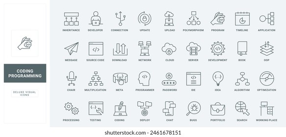 Flujo de trabajo y herramientas de programación, búsqueda de algoritmos y errores, optimización y gestión de aplicaciones, símbolos de contorno finos en negro y rojo, Ilustración vectorial. Conjunto de iconos de línea de desarrollo de código de programa