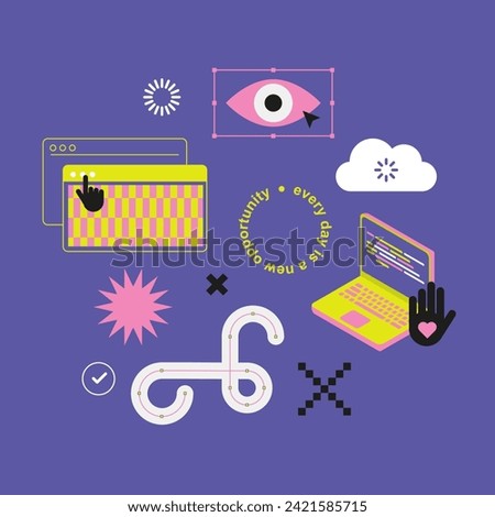  Workflow. Trendy stickers Y2k. Concept illustration. IT tools, Flat icons design. Cloud service, transfer data. Cyber, retro futurism elements, zine aesthetic. Retro vibes. IT, product, design