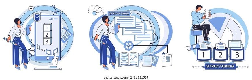 Workflow vector illustration. Multitasking is skill contributes to efficient work organization Strategic development requires effective brainstorming and workflow analysis Progress in business
