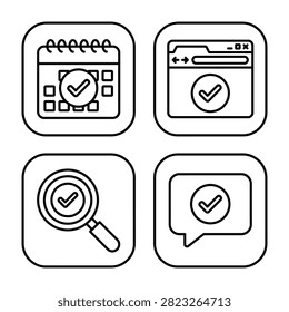 Workflow and verification outline icon collection with verification checkmark calendar complete