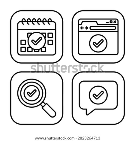 Workflow and verification outline icon collection with verification checkmark calendar complete