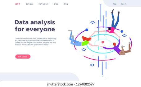 Workflow in the virtual world. The creative team of flying in the virtual world. Isometric template of web banner
