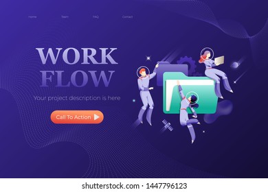 Workflow web page banner template. People in spacesuits with big folder. Vector metaphor of files organizing, business processing, technology etc.