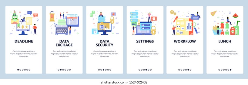 Workflow web site and mobile app onboarding screens. Menu banner vector template for website and application development. Flat style design.