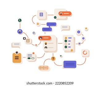 Workflow, work organization concept. Project management process, abstract business system network, scheme with connections, interactions, tasks. Flat vector illustration isolated on white background svg