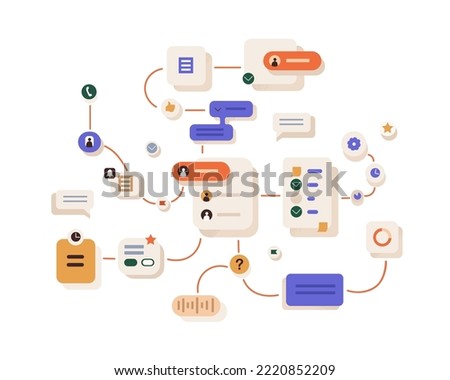 Workflow, work organization concept. Project management process, abstract business system network, scheme with connections, interactions, tasks. Flat vector illustration isolated on white background