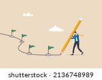 Workflow or working process, project progress, milestone or achievement tracking, work experience or roadmap concept, businessman using pencil to draw workflow line with achievement flag milestones.