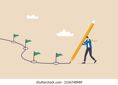 Workflow or working process, project progress, milestone or achievement tracking, work experience or roadmap concept, businessman using pencil to draw workflow line with achievement flag milestones.