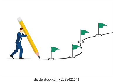 Flujo de trabajo o proceso de trabajo, progreso del proyecto, seguimiento de hitos o logros, experiencia de trabajo o concepto de hoja de ruta, hombre de negocios que utiliza el lápiz para dibujar la línea de flujo de trabajo con hitos de indicador de logros.
