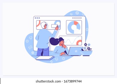 Workflow, workplace and environment, software and hardware, the thought process and communication. Vector illustration