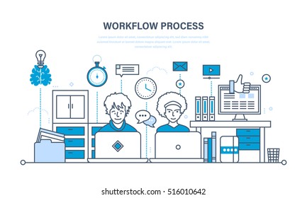 Workflow, Workplace And Environment, Software And Hardware, The Thought Process And Communication. Illustration Thin Line Design Of Vector Doodles, Infographics Elements.