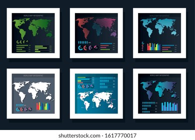 Workflows with world maps set design, Infographic data information business analytics and visual presentation theme Vector illustration
