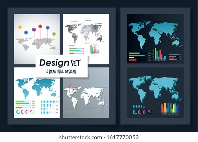 Workflows with world maps set design, Infographic data information business analytics and visual presentation theme Vector illustration